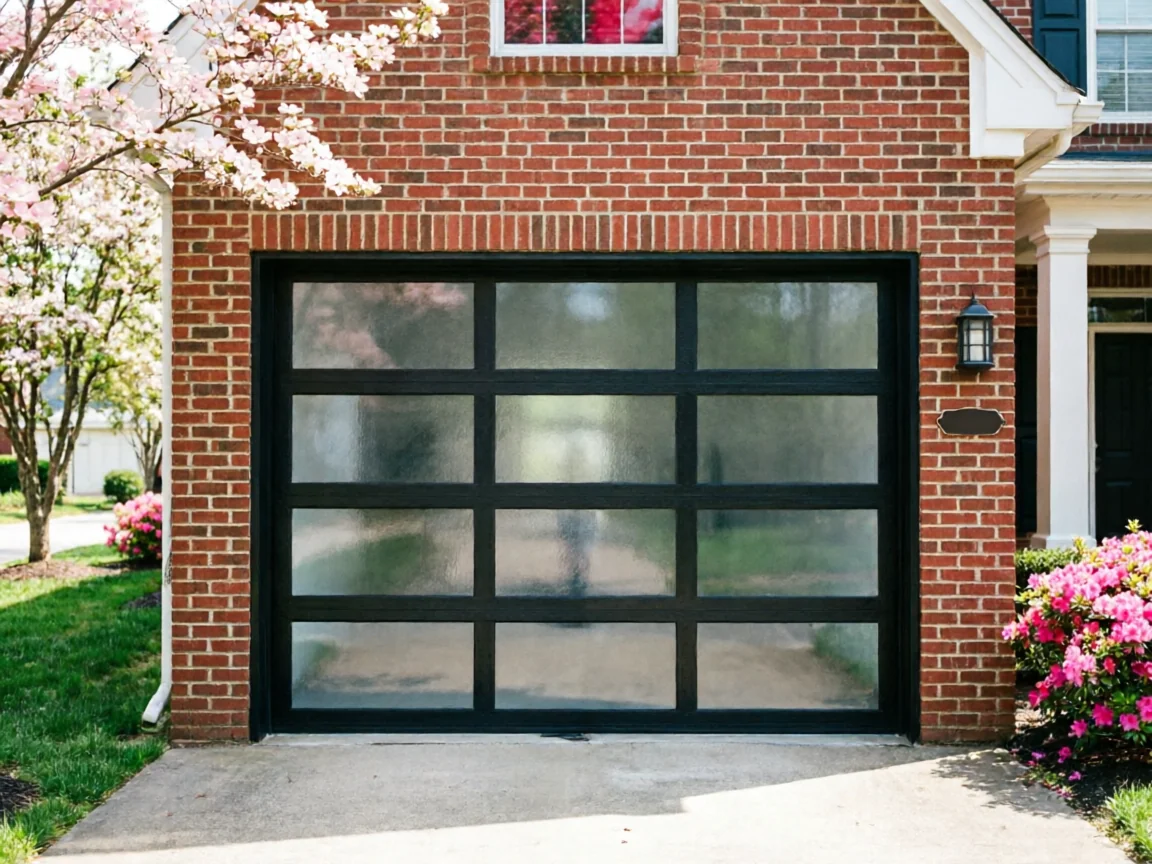 The house has a black garage door with frosted glass panels.