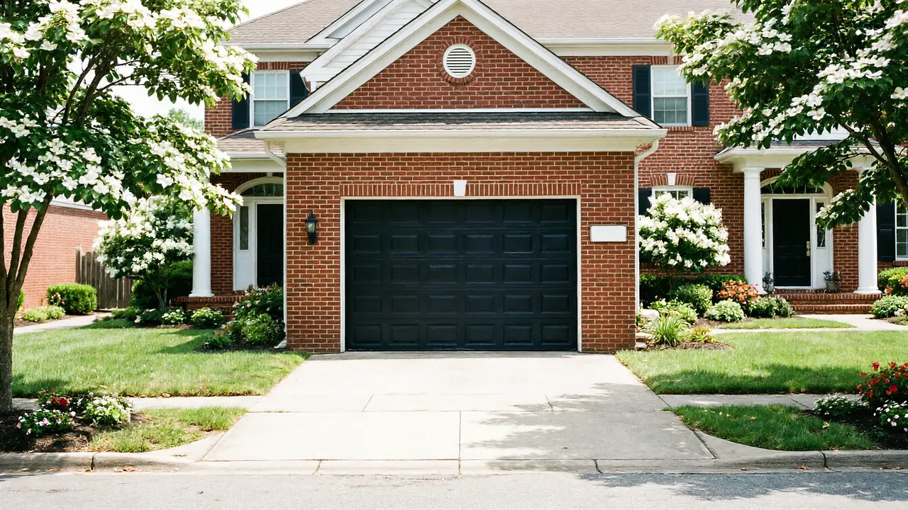A red brick house has a black garage door and a green lawn.