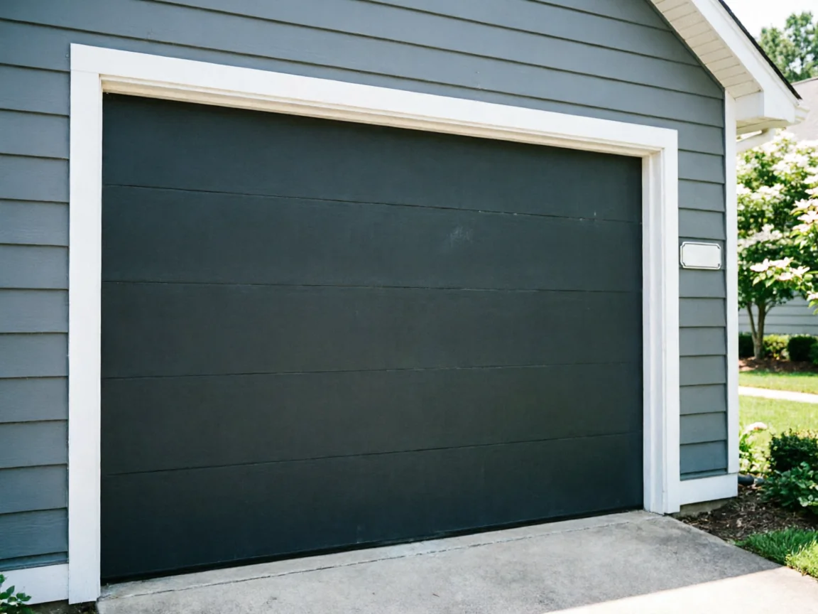 A dark gray garage door is set into a gray house with white trim.